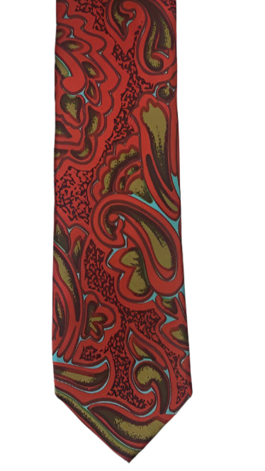 Bold Red Paisley Necktie – Vibrant Design with Gold and Green Accents