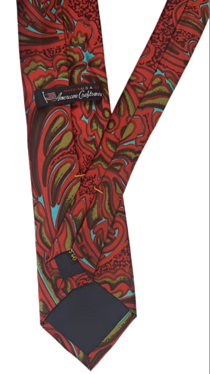 Bold Red Paisley Necktie – Vibrant Design with Gold and Green Accents