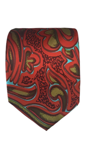 Bold Red Paisley Necktie – Vibrant Design with Gold and Green Accents