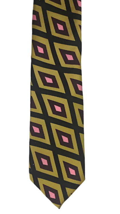 Geometric Retro Diamond Pattern Necktie - Olive, Pink & Black