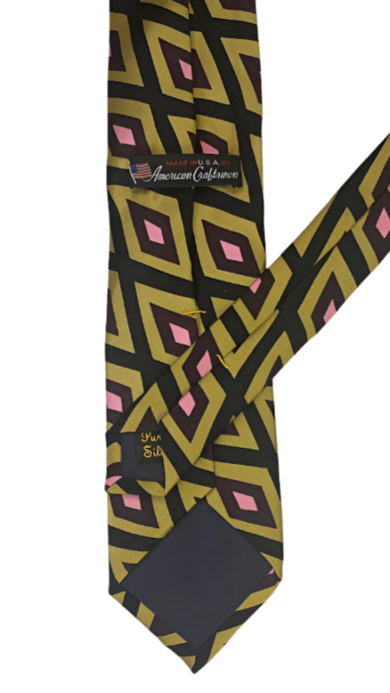 Geometric Retro Diamond Pattern Necktie - Olive, Pink & Black