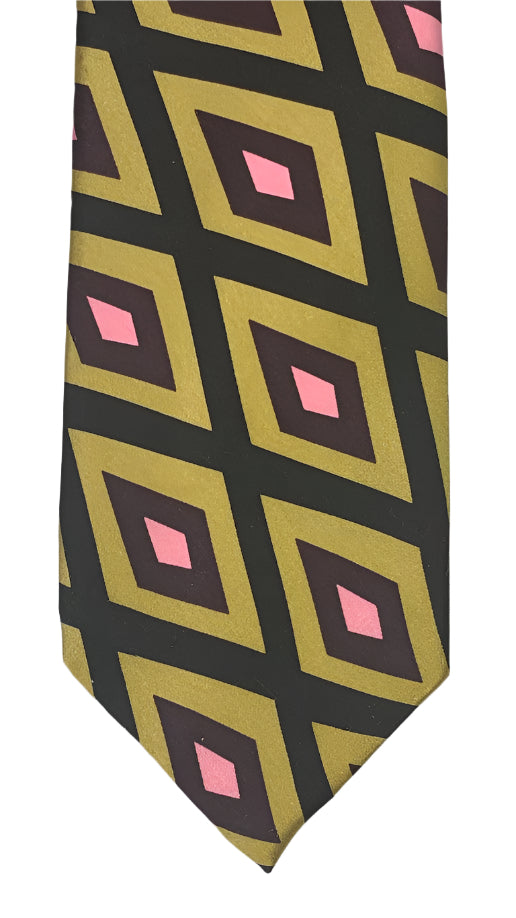 Geometric Retro Diamond Pattern Necktie - Olive, Pink & Black