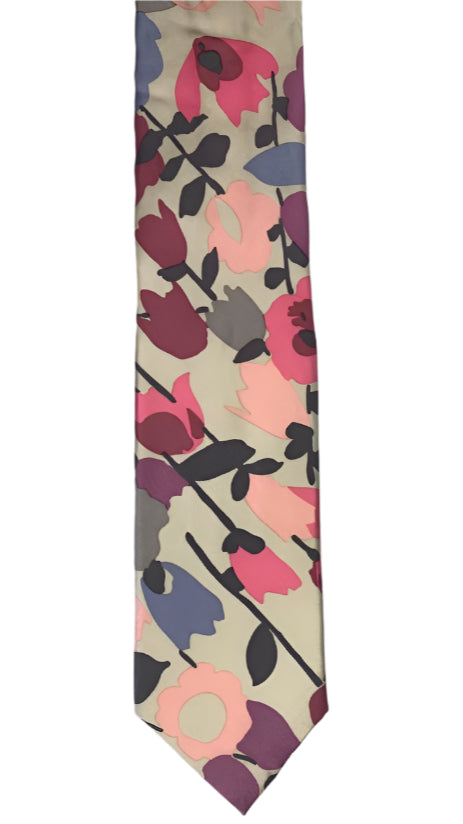 Floral Pattern Necktie - Beige, Pink, and Purple