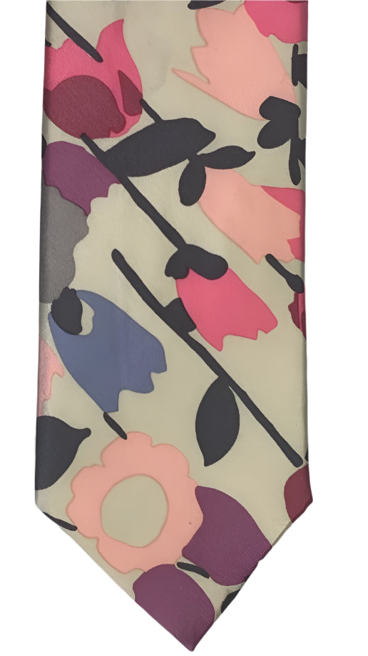 Floral Pattern Necktie - Beige, Pink, and Purple