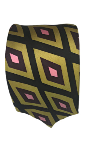 Geometric Retro Diamond Pattern Necktie - Olive, Pink & Black