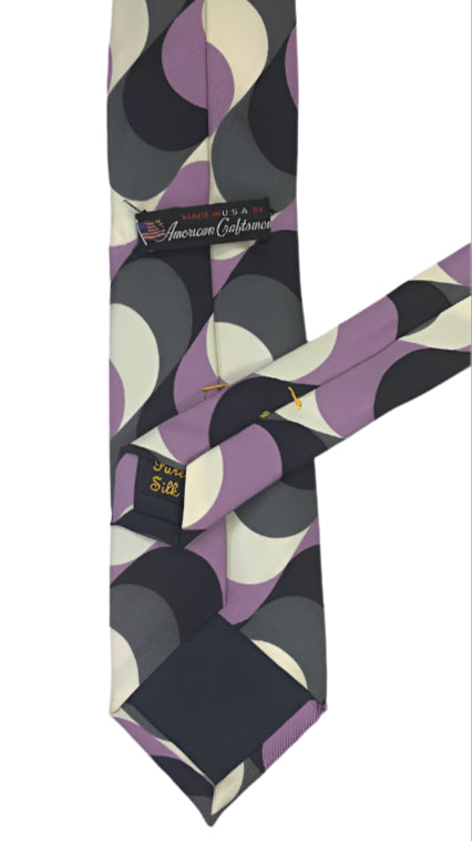 Retro Geometric Pattern Silk Tie – Purple, Cream, and Charcoal