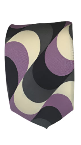 Retro Geometric Pattern Silk Tie – Purple, Cream, and Charcoal