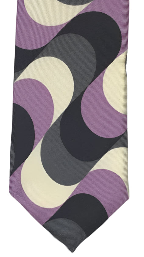 Retro Geometric Pattern Silk Tie – Purple, Cream, and Charcoal