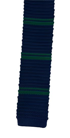 Navy Blue Poly Knit Tie with Green Stripes