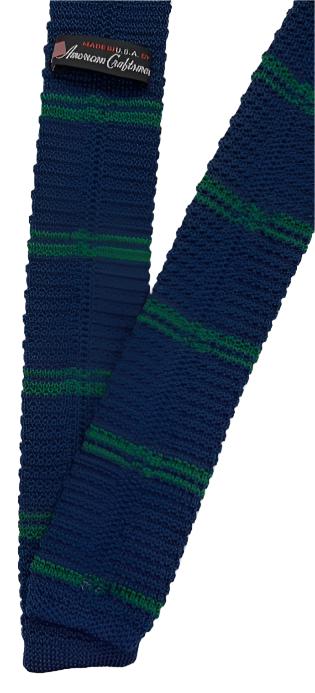 Navy Blue Poly Knit Tie with Green Stripes