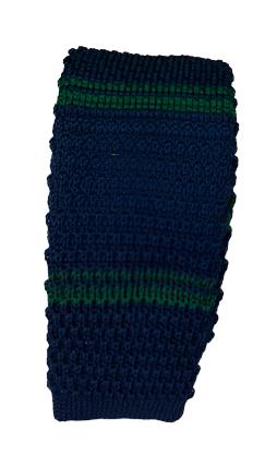 Navy Blue Poly Knit Tie with Green Stripes